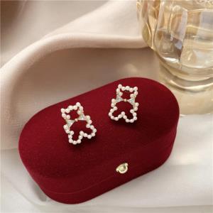 Cute White Pearl Bear Crystal Bow Studs