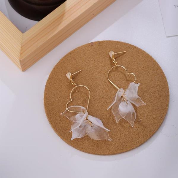 White Flower Petals Heart Dangle Earrings