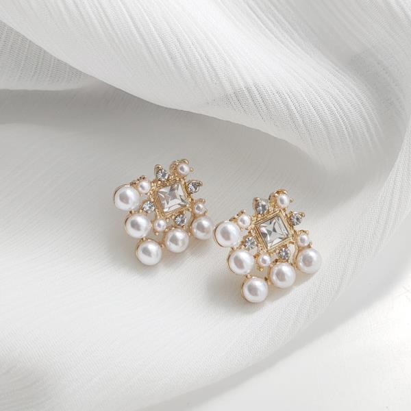 Square White Pearl Crystal Studs