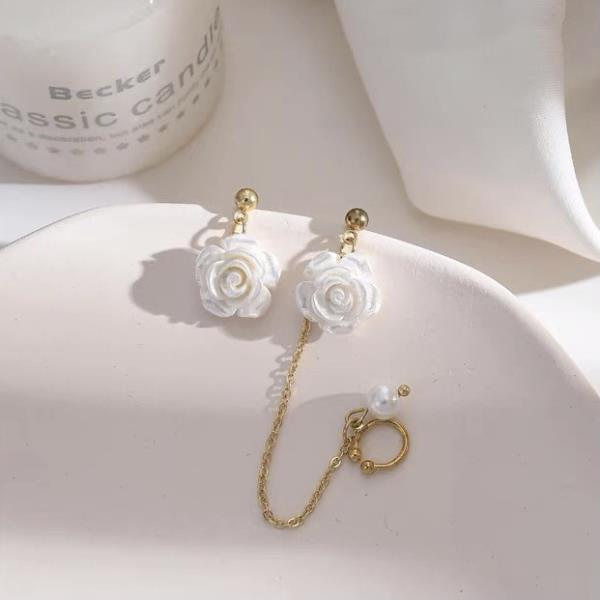 White Rose Asymmetry Pearl Dangle Studs