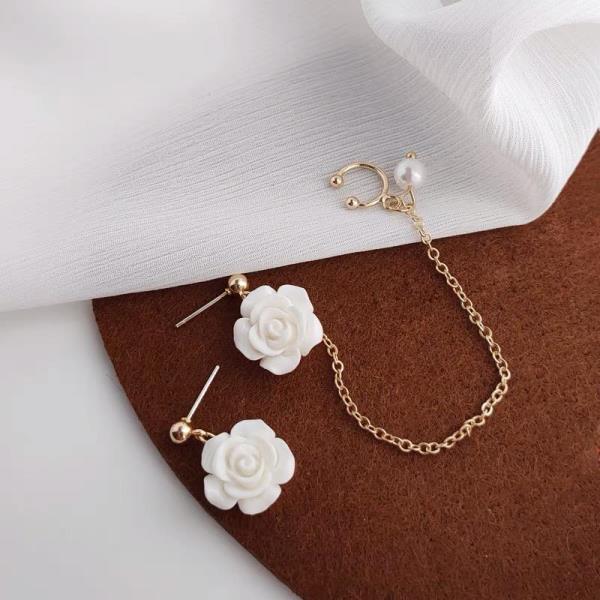 White Rose Asymmetry Pearl Dangle Studs