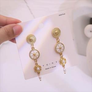 Gold Circle White Pearl Long Dangle Earrings