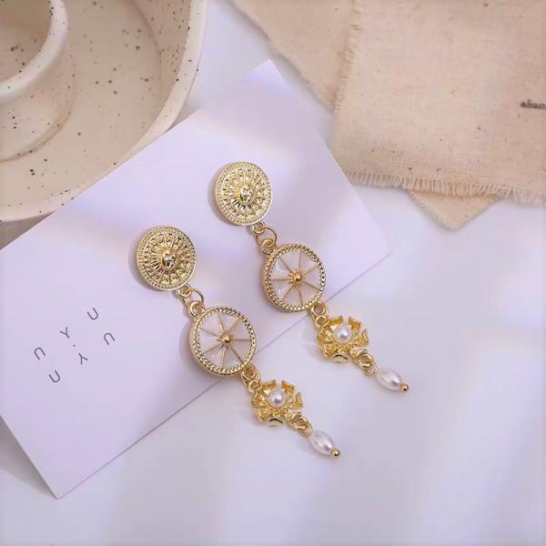 Gold Circle White Pearl Long Dangle Earrings