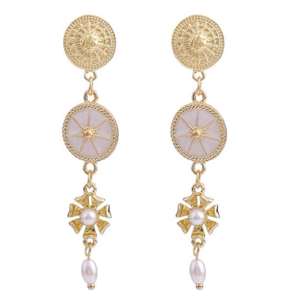 Gold Circle White Pearl Long Dangle Earrings