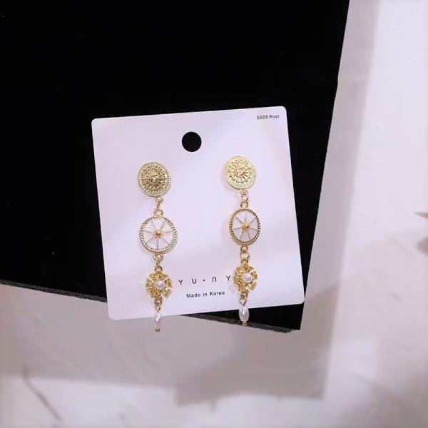 Gold Circle White Pearl Long Dangle Earrings