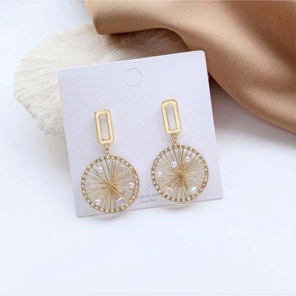 Shiny Gold Woven Pearl Wheel Drop Earrings