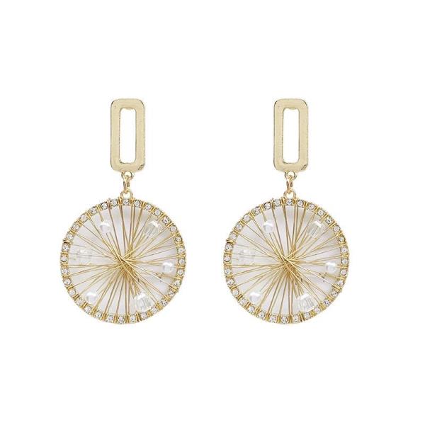 Shiny Gold Woven Pearl Wheel Drop Earrings