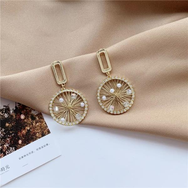 Shiny Gold Woven Pearl Wheel Drop Earrings