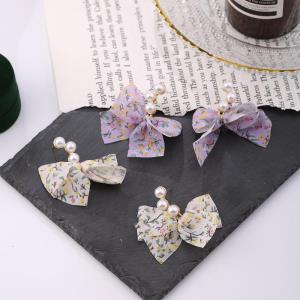 Lace Chiffon Bow Pearl Dangle Earrings