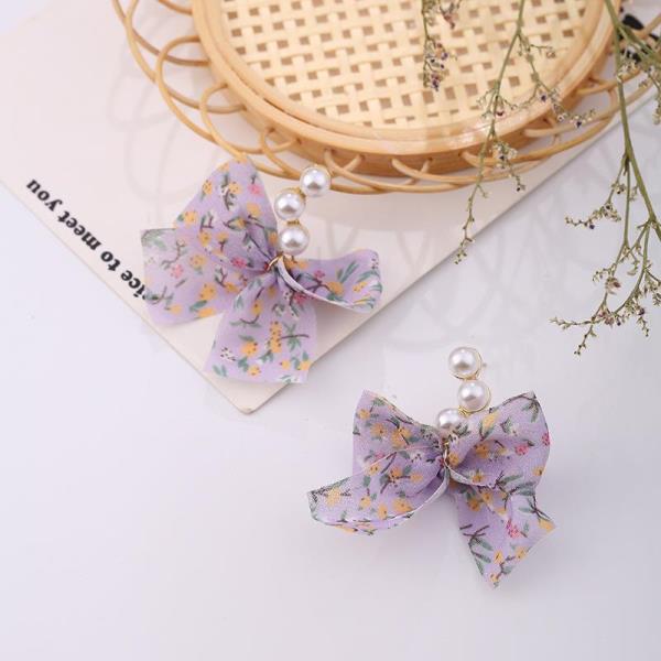 Lace Chiffon Bow Pearl Dangle Earrings