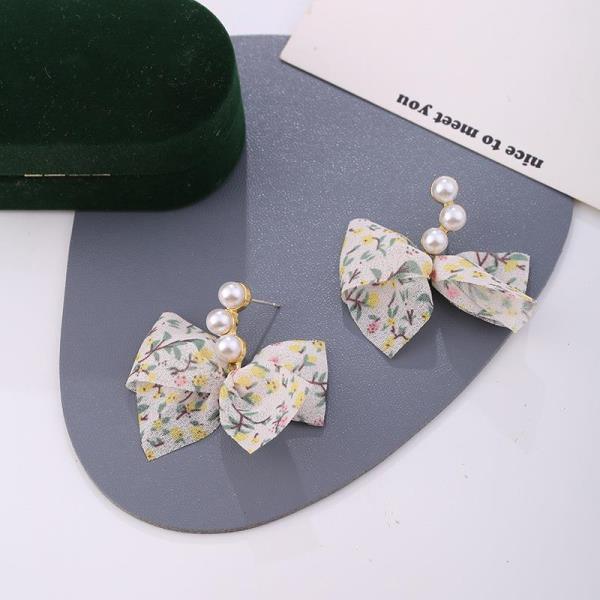 Lace Chiffon Bow Pearl Dangle Earrings