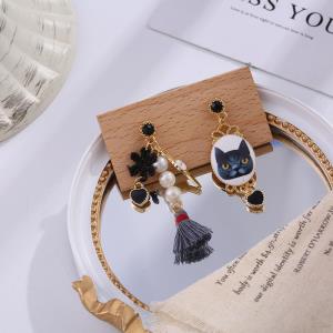 Retro Black Cat Pearl Tassel Earrings