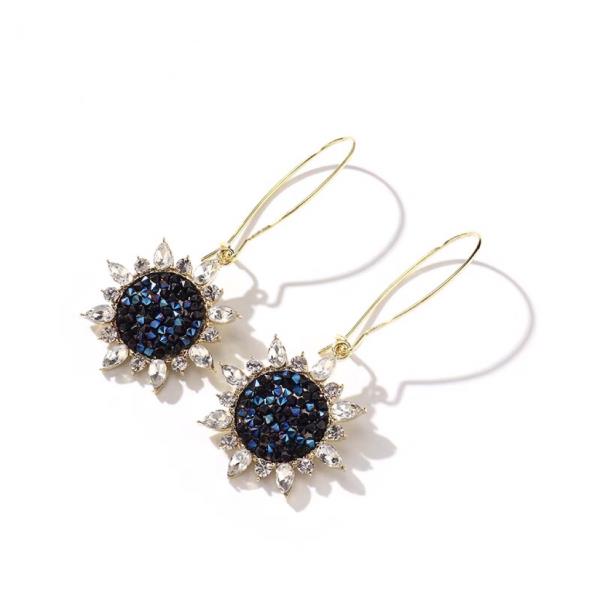 Blue Crystal Flower Long Dangle Earrings