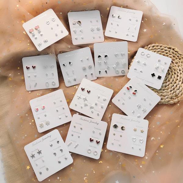 6 Pairs Silver Flower Studs Set