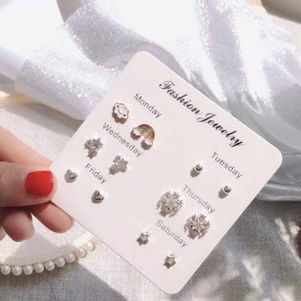 6 Pairs Silver Flower Studs Set