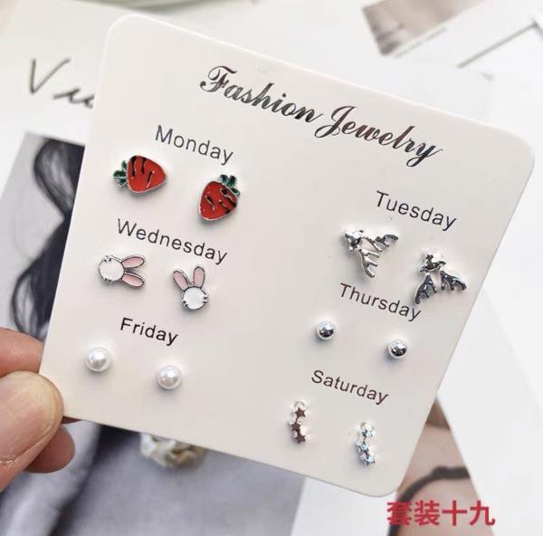 6 Pairs Silver Flower Studs Set