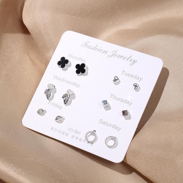 6 Pairs Silver Flower Studs Set