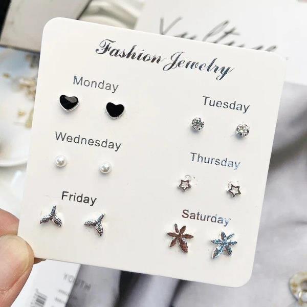 6 Pairs Silver Flower Studs Set