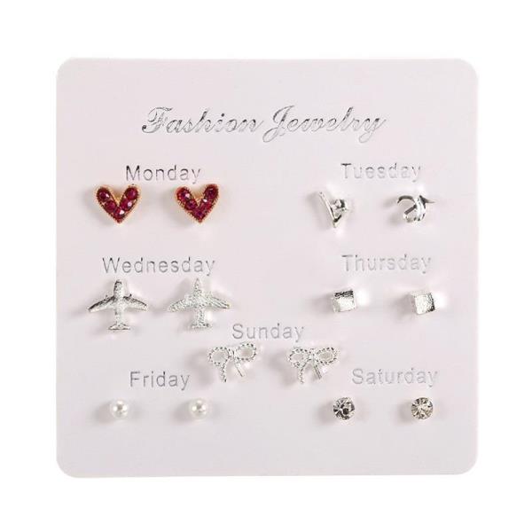 7 Pairs Silver Flower Pearl Studs Set