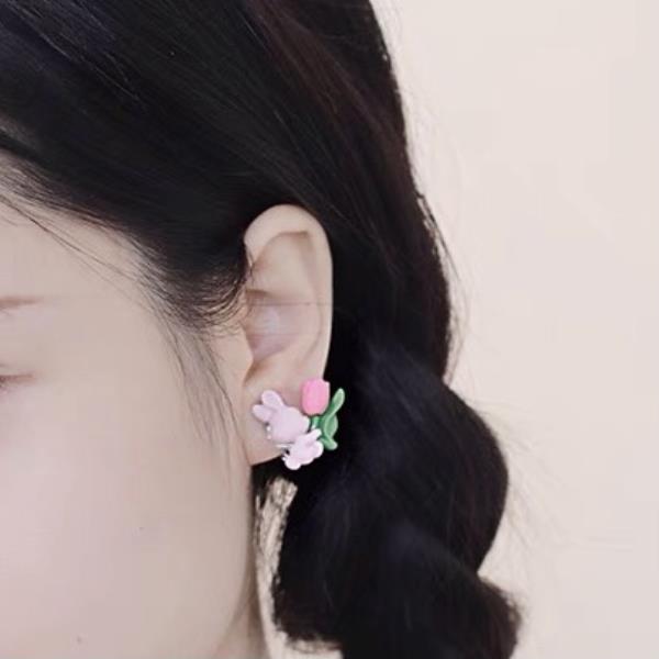 Pink Rabbit Flower Resin Earrings