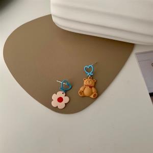 Cartoon Flower Bear Asymmetry Dangle Earrings