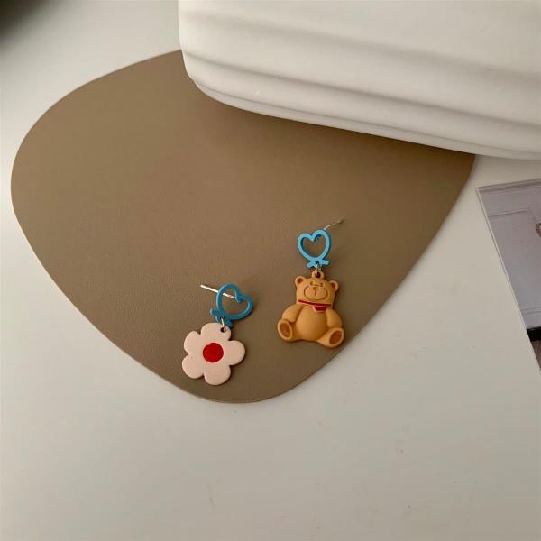 Cartoon Flower Bear Asymmetry Dangle Earrings