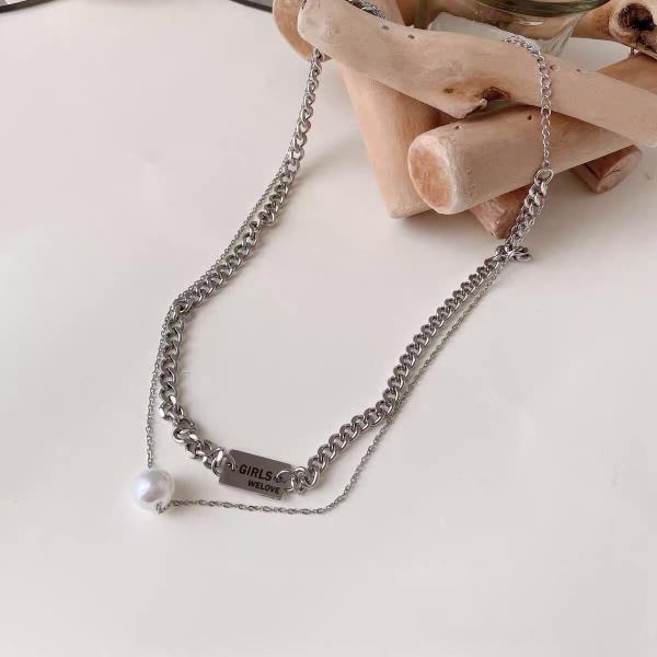 Silver Double Layer Chain Pearl Dangle Necklace