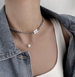 Silver Double Layer Chain Pearl Dangle Necklace