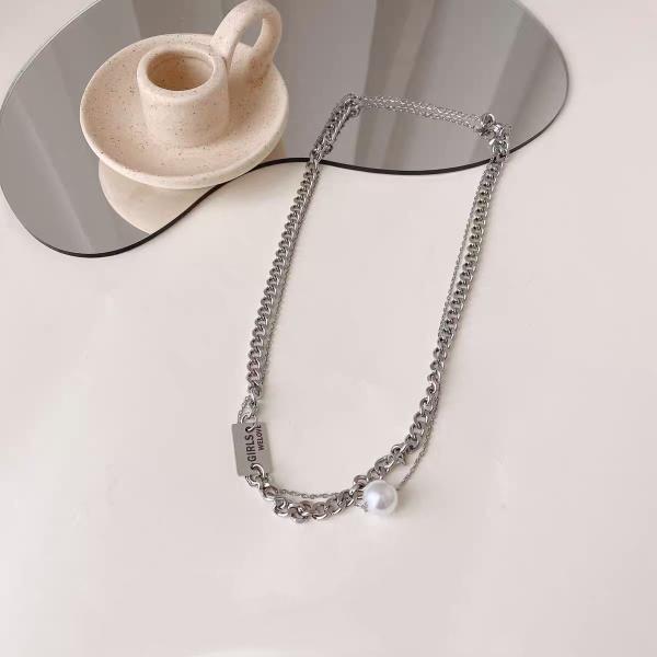 Silver Double Layer Chain Pearl Dangle Necklace