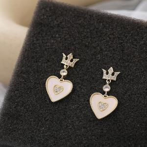 French Crystal Crown Heart Pendant Earrings