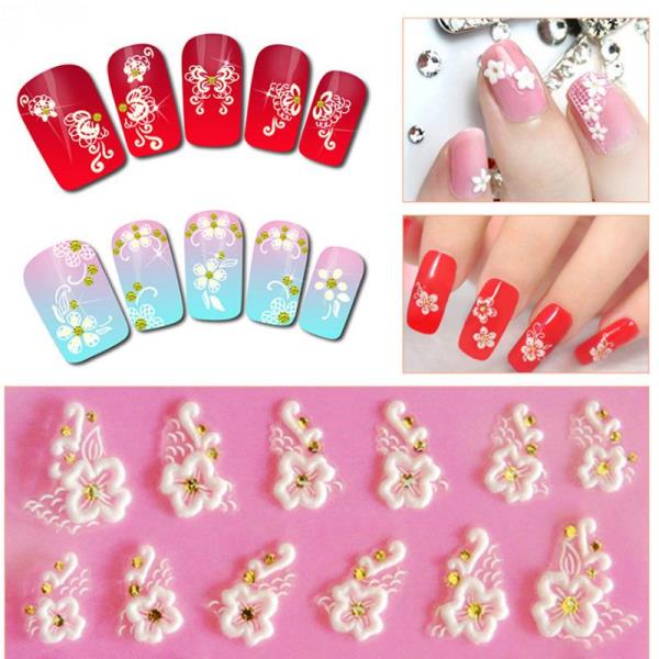 3D Crystal White Flower Nail Stickers