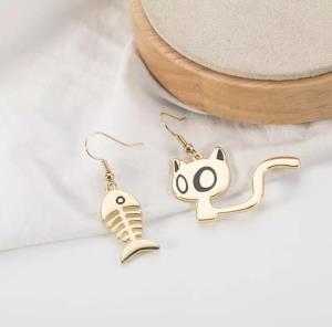 Gold Cartoon Kitty Cat Fish Drop Earrings