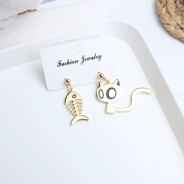 Gold Cartoon Kitty Cat Fish Drop Earrings