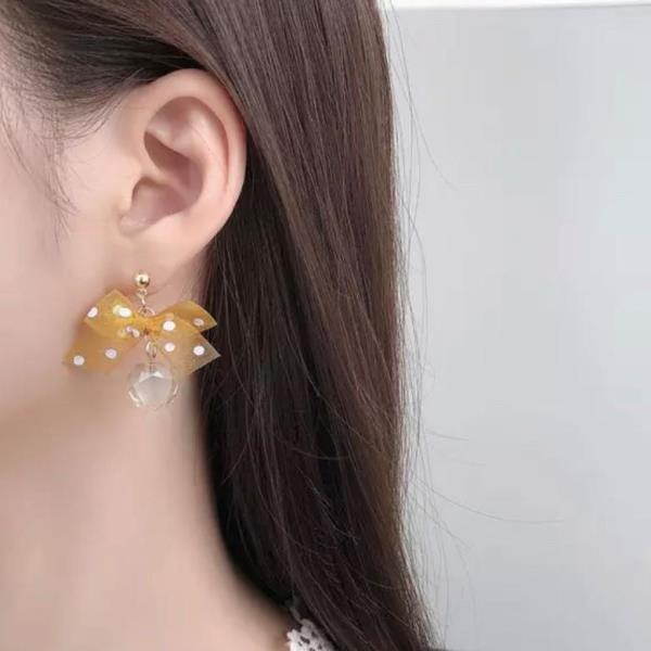 Sweet Yellow Lace Bow Crystal Dangle Earrings