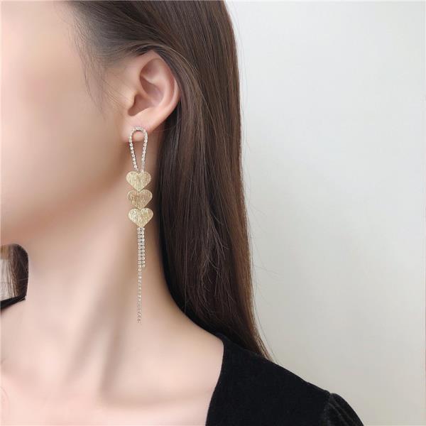 Gold Crystal Hearts Tassel Long Dangle Earrings