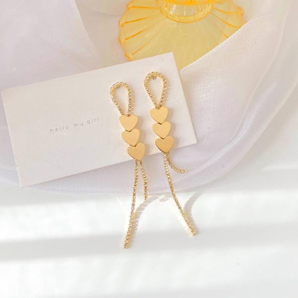 Gold Crystal Hearts Tassel Long Dangle Earrings