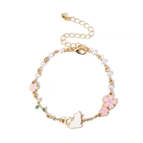 Enamel Cartoon Cat Pearl Blossom Flower Bracelet