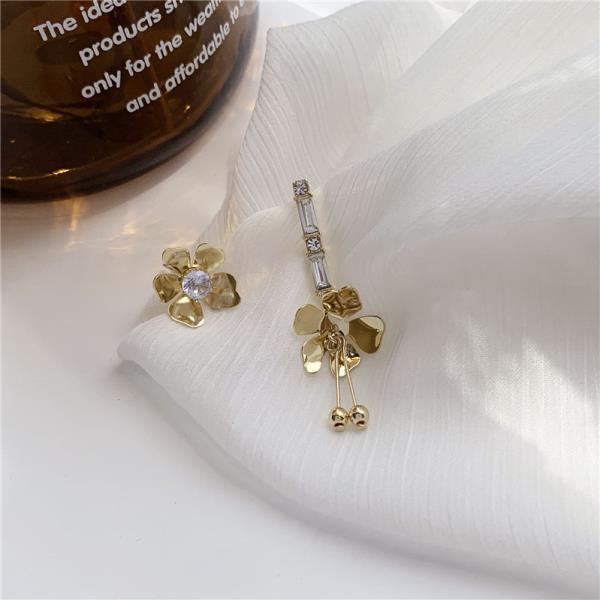 Gold Rhinestone Flower Drop Earrings