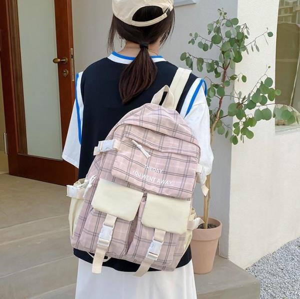 5 Pcs Plaid Pattern School Library Backpack Set