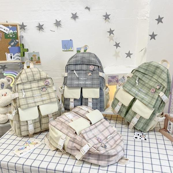 5 Pcs Plaid Pattern School Library Backpack Set