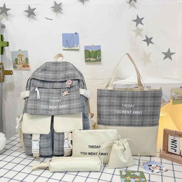 5 Pcs Plaid Pattern School Library Backpack Set