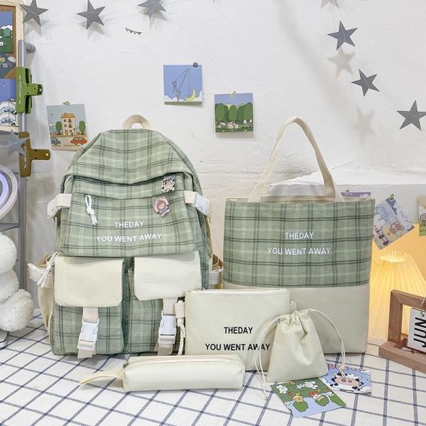 5 Pcs Plaid Pattern School Library Backpack Set