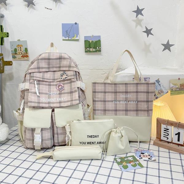 5 Pcs Plaid Pattern School Library Backpack Set