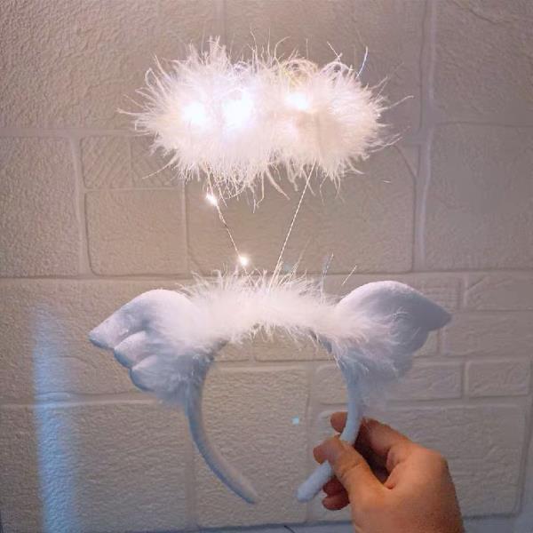 LED Light White Plush Angel Wings Headband