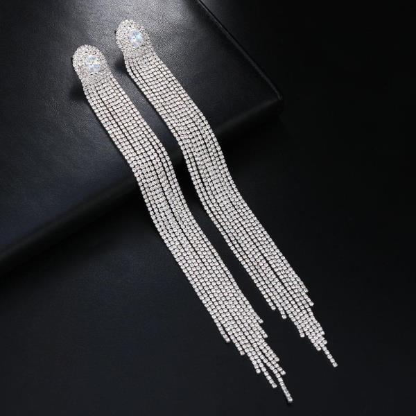 Silver Full Rhinestone Long Tassel Earrings