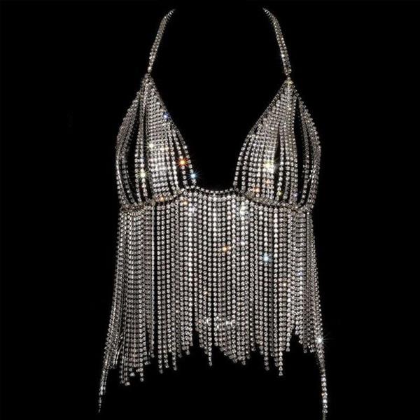 Glitter Rhinestone Top Tassel Chest Body Chain