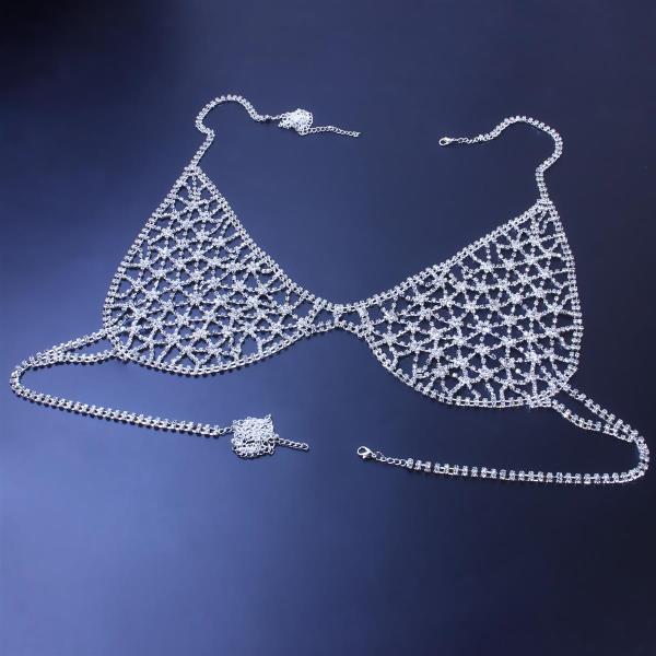 Silver Rhinestone Grid Bra Chest Body Chain