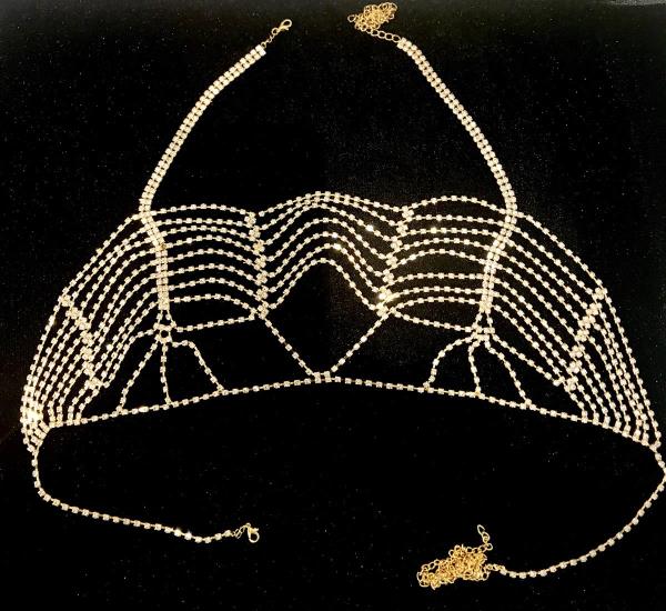 Gold Braided Rhinestone Net Bra Chest Chain