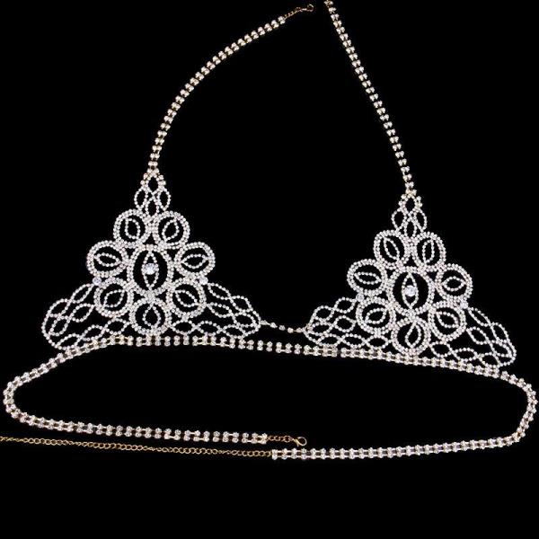 Glitter Rhinestone Flower Bra Chest Body Chain