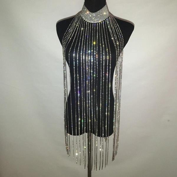 Silver Multi Tassel Necklace Chest Body Chain